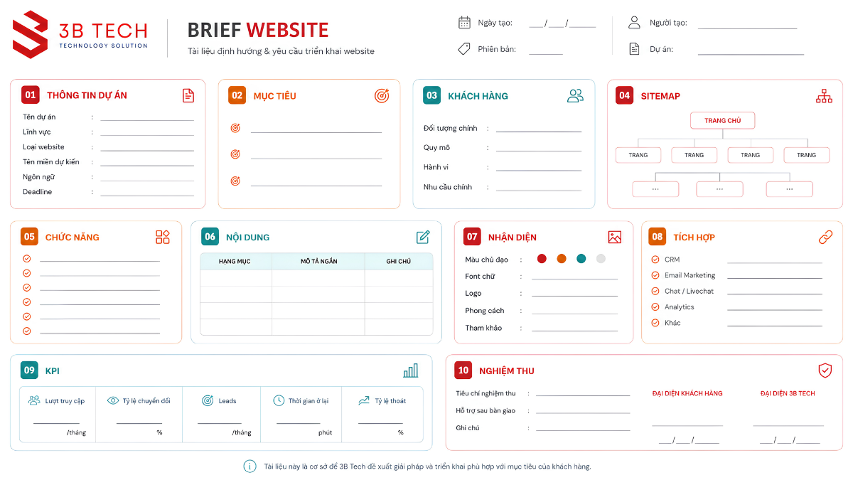 Mẫu website brief gồm mục tiêu khách hàng sitemap chức năng và KPI