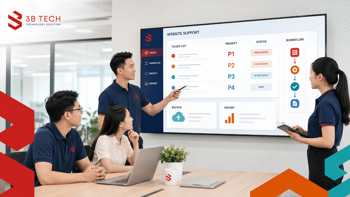 Đội ngũ 3B Tech rà soát SLA chăm sóc website và mức ưu tiên sự cố