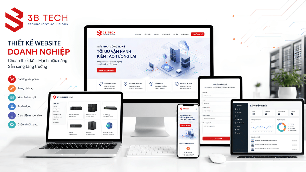 Giao diện website doanh nghiệp với catalog form báo giá tuyển dụng và giao diện mobile