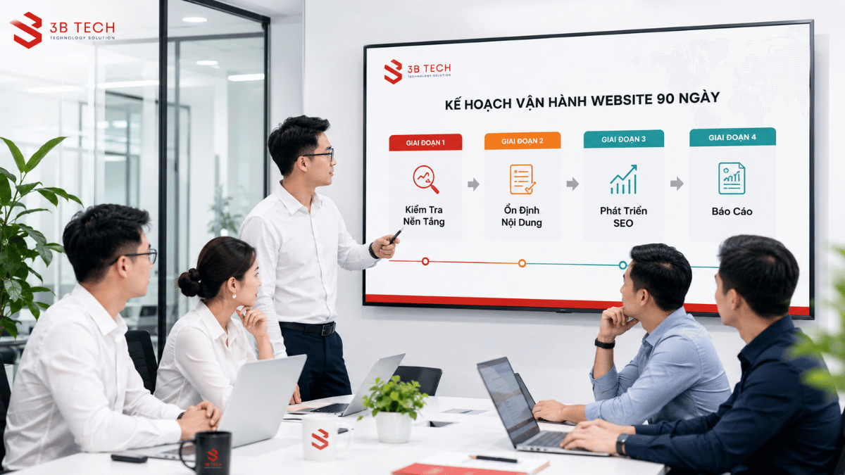 Đội ngũ doanh nghiệp theo dõi kế hoạch chăm sóc website trong 90 ngày