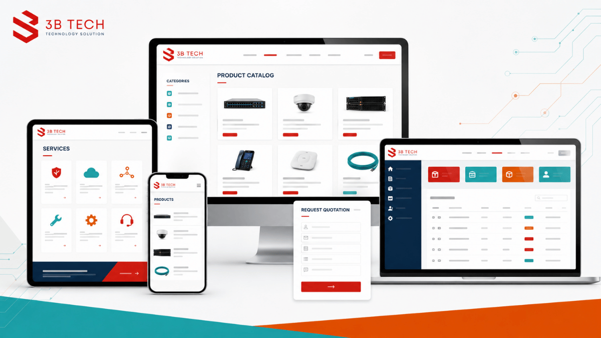 Giao diện website doanh nghiệp có catalog form báo giá và trang quản trị