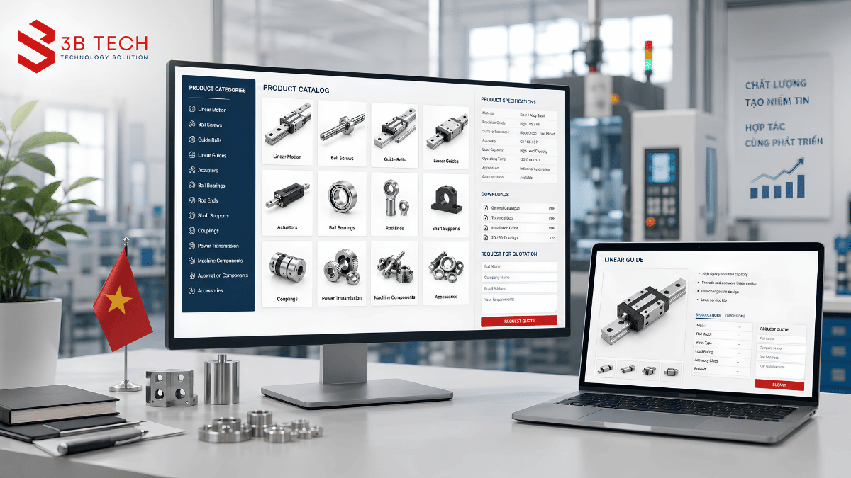 Giao diện website doanh nghiệp sản xuất với catalog và thông số kỹ thuật