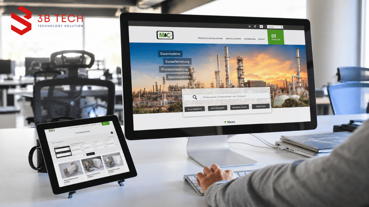 Bản thiết kế giao diện website B2B có catalog sản phẩm, thông số kỹ thuật và form yêu cầu báo giá